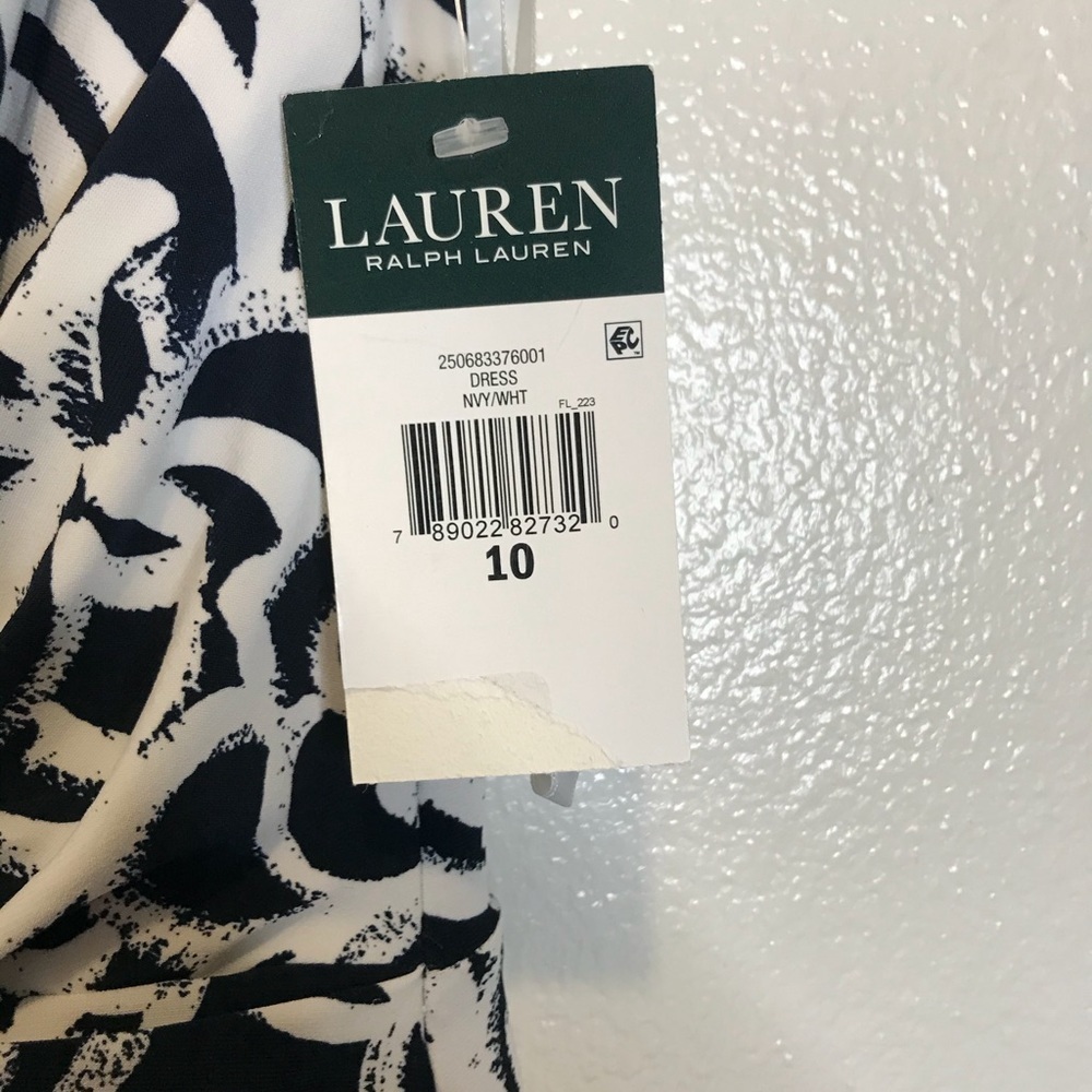 NWT Lauren Ralph Lauren Navy & White Scoop Neck Geometric Print Dress - Picture 2 of 7